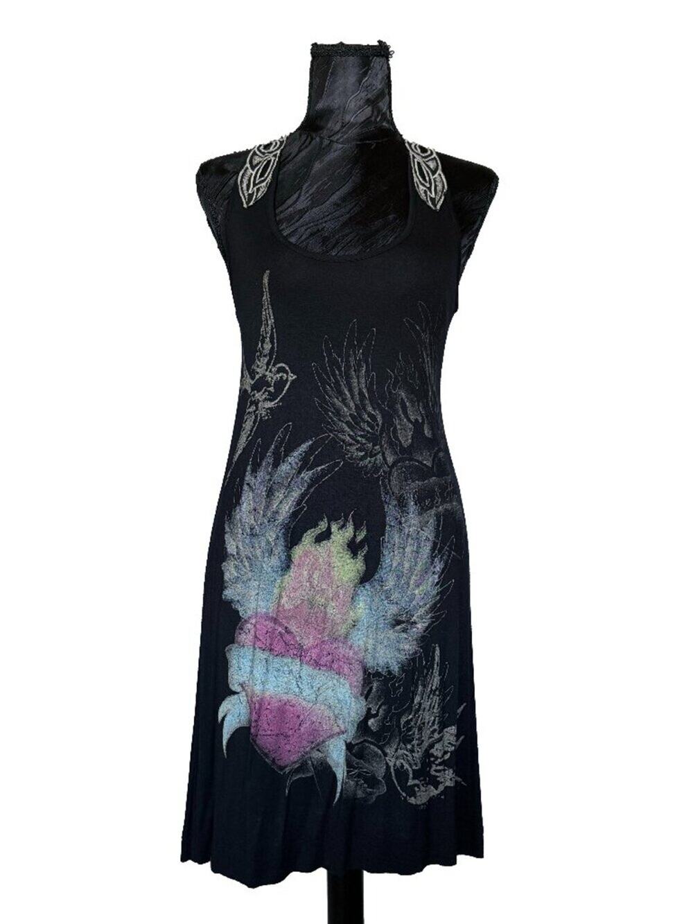 Ed Hardy Intimates Black Cotton Phoenix Rose Lace Cami Dress Size S